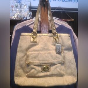 Coach Beige/Gold Signature Canvas Shoulder Bag
